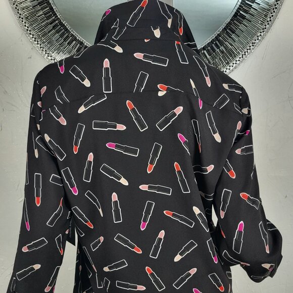 NWT~$70~KARL LAGERFELD~M~BLACK RED PINK LIPSTICK TUNIC TOP BLOUSE SHIRT - Picture 13 of 16